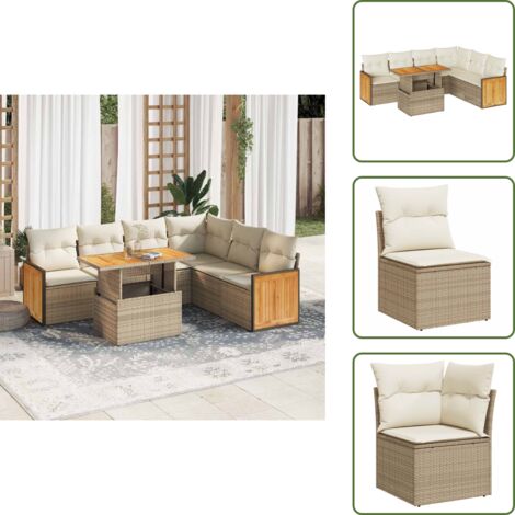 Cuscini per schienale - vidaXL Set Divani da Giardino 7 pz con Cuscini Beige Polyrattan Acacia - Rattan PE