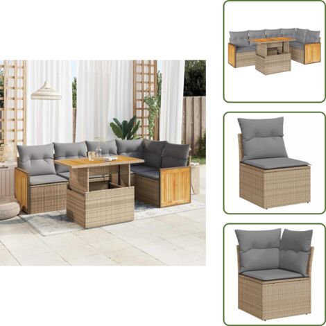 Cuscini per schienale - vidaXL Set Divano da Giardino 6 pz con Cuscini Beige Polyrattan Acacia - Rattan sintetico