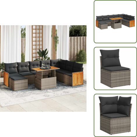 Cuscini per schienale - vidaXL Set Divano da Giardino 9pz con Cuscini Grigio Polyrattan Acacia - Rattan PE