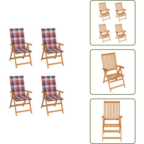 Cuscini per sedie - vidaXL Sedie Giardino 4 pz con Cuscini Rossi a Quadri Massello di Teak - Sedie pieghevoli