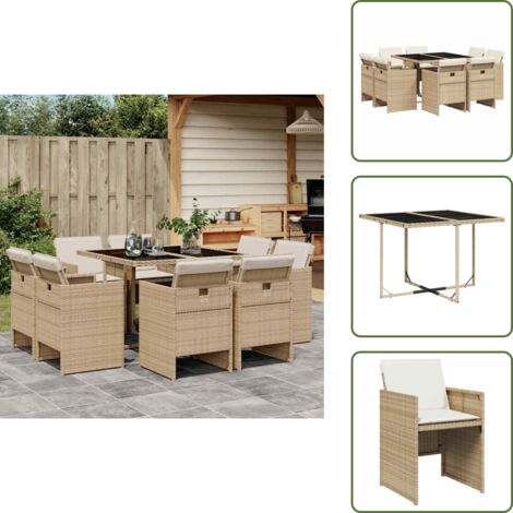 Cuscini per sedie - vidaXL Set da Pranzo da Giardino 9 pz con Cuscini Beige in Polyrattan - Rattan PE