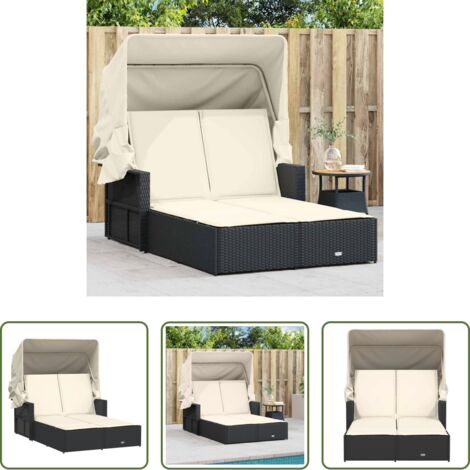 Cuscini per seduta -  Lettino Prendisole Doppio Baldacchino e Cuscini Nero Polyrattan