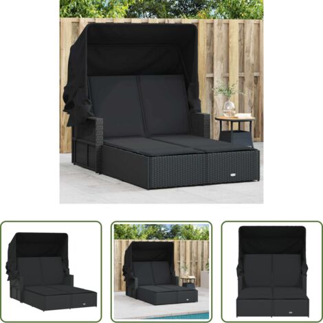 Cuscini per seduta -  Lettino Prendisole Doppio Baldacchino e Cuscini Nero Polyrattan
