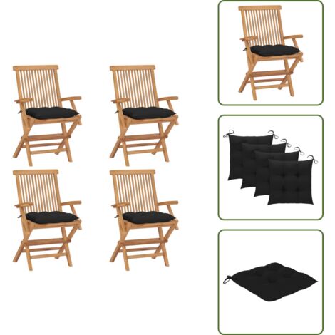 Cuscini per seduta - vidaXL Sedie da Giardino con Cuscini Neri 4 pz Legno Massello di Teak - Sedie pieghevoli