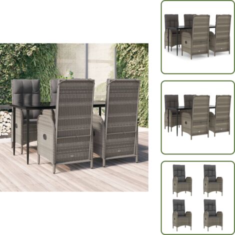 Cuscini per seduta - vidaXL Set da Pranzo Giardino 5pz Nero e Grigio con Cuscini Polyrattan - Tavolo in vetro temperato