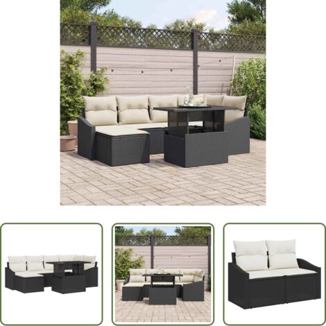 Cuscini -  Set Divano da Giardino con cuscino 7 pcs Nero e Crema
