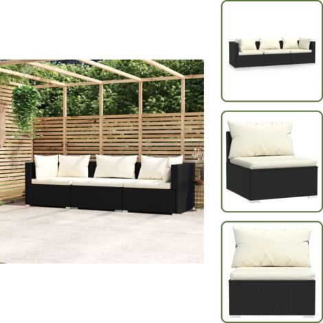 Cuscini sfoderabili - vidaXL Divano a 3 Posti con Cuscini Nero in Polyrattan - Divano da patio