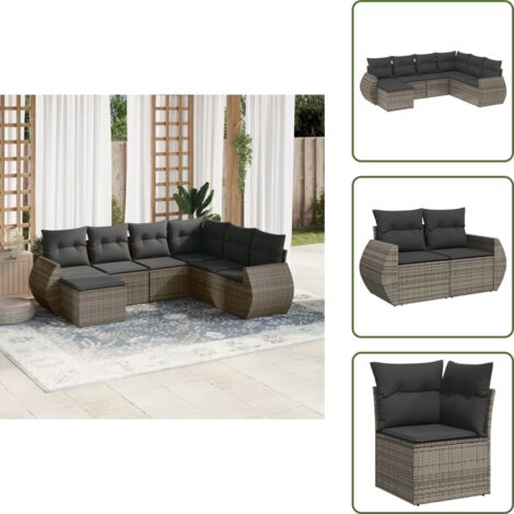 Cuscini sfoderabili - vidaXL Set Divani da Giardino 7 pz con Cuscini Grigio in Polyrattan - Rattan PE