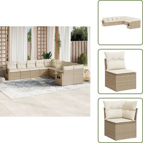 Cuscini sfoderabili - vidaXL Set Divano da Giardino 10 pz con Cuscini Beige in Polyrattan - Rattan PE