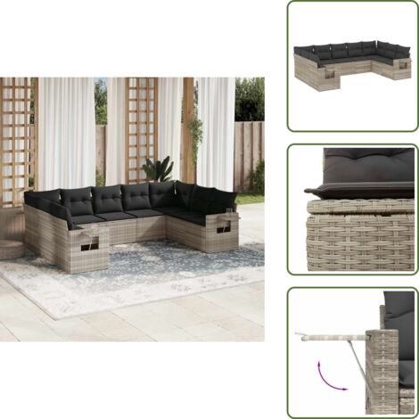 Cuscini sfoderabili - vidaXL Set Divano da Giardino 9pz con Cuscini Grigio Chiaro Polyrattan - Rattan PE