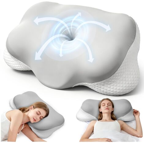 Cuscino cervicale ergonomico, cuscino in memory foam traspirante con rivestimento rimovibile, cuscini adatti per chi dorme sul fianco, sulla schiena e sulla pancia, 64x35x13/9 cm (Grigio)
