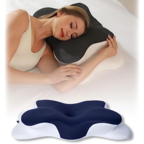 Cuscino cervicale ergonomico in memory foam per alleviare il dolore cervicale, con federa. Blu navy. 1250 g