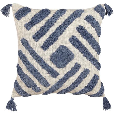 Cuscino cotone boho geometrico nappe 45 x 45 cm beige e blu Jacaranda