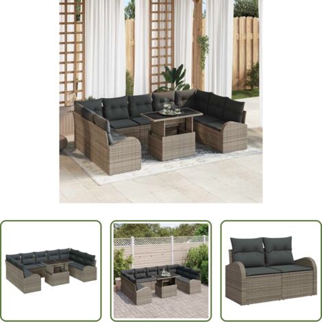 Cuscino da esterno -  Set Divano da Giardino con cuscino 10 pcs Grigio Poly Rattan