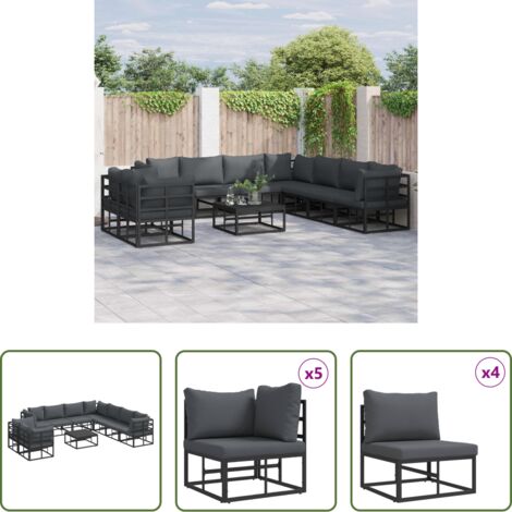 Cuscino da esterno -  Set Divano da Giardino con cuscino 10 pcs Nero Alluminio