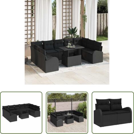 Cuscino da esterno -  Set Divano da Giardino con cuscino 10 pcs Nero Poly Rattan