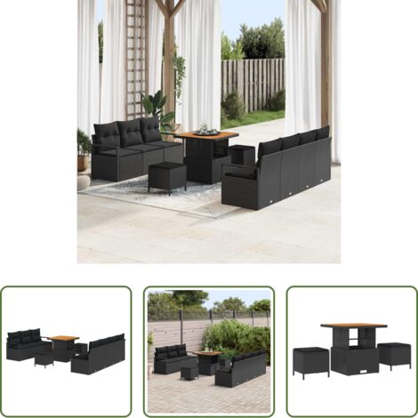 Cuscino da esterno -  Set Divano da Giardino con cuscino 10 pcs Nero polyrattan