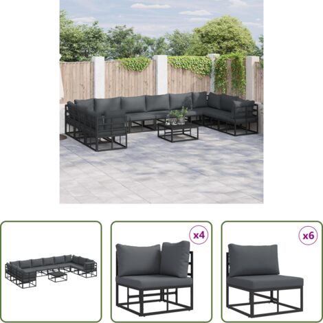 Cuscino da esterno -  Set Divano da Giardino con cuscino 11 pcs Nero Alluminio