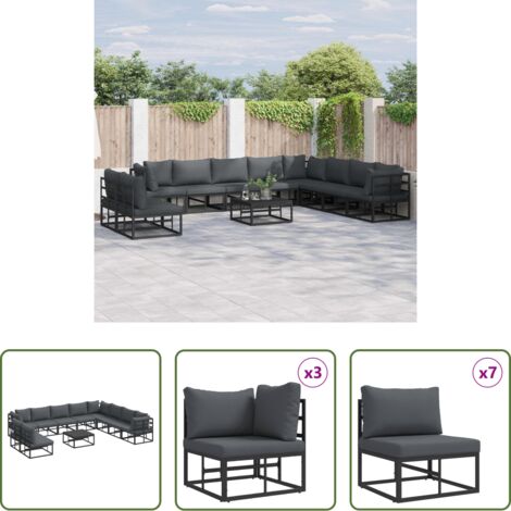 Cuscino da esterno -  Set Divano da Giardino con cuscino 11 pcs Nero Alluminio