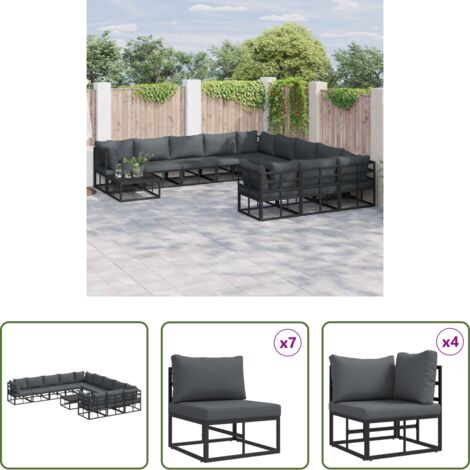 Cuscino da esterno -  Set Divano da Giardino con cuscino 12 pcs Nero Alluminio