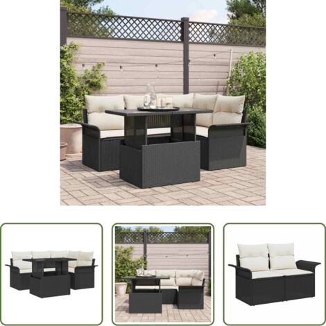 Cuscino da esterno -  Set Divano da Giardino con cuscino 5 pcs Nero Poly Rattan