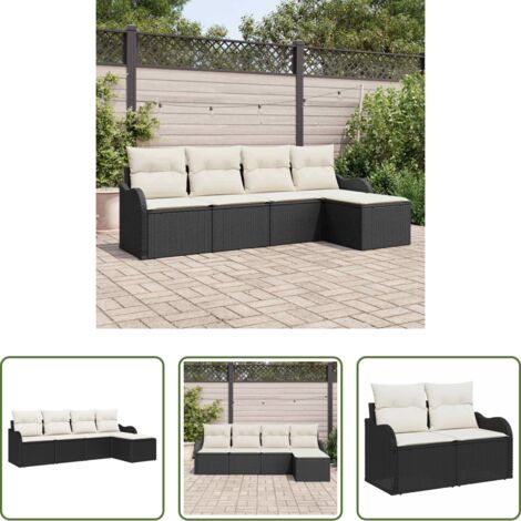 Cuscino da esterno -  Set Divano da Giardino con cuscino 5 pcs Nero Poly Rattan