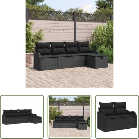 Cuscino da esterno -  Set Divano da Giardino con cuscino 5 pcs Nero Poly Rattan