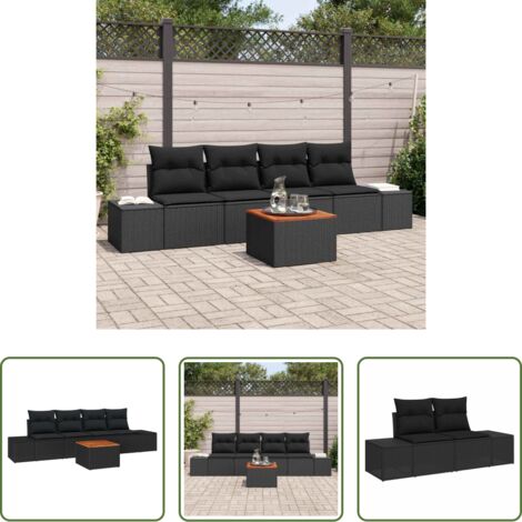 Cuscino da esterno -  Set Divano da Giardino con cuscino 5 pcs Nero Poly Rattan