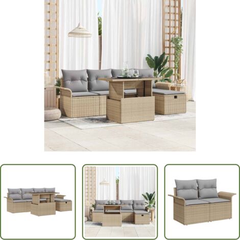 Cuscino da esterno -  Set Divano da Giardino con cuscino 6 pcs Beige Poly Rattan