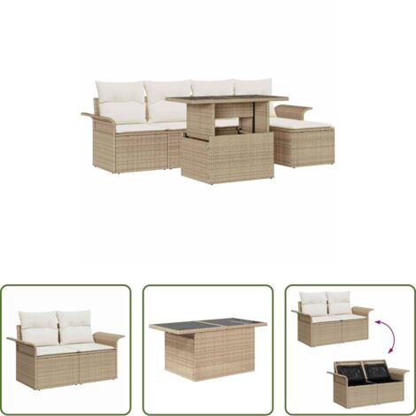 Cuscino da esterno -  Set Divano da Giardino con cuscino 6 pcs Beige Poly Rattan