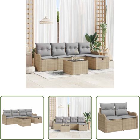 Cuscino da esterno -  Set Divano da Giardino con cuscino 6 pcs Beige Poly Rattan