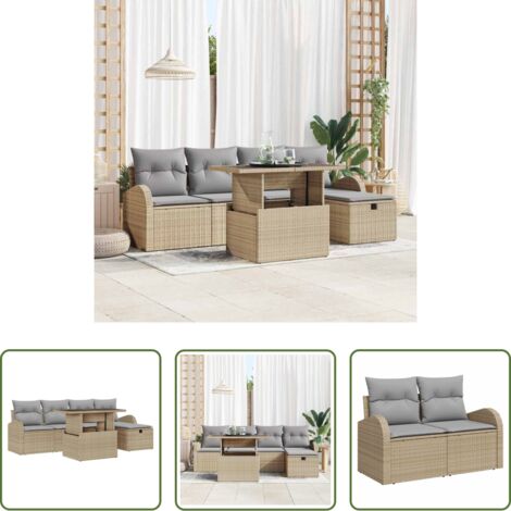 Cuscino da esterno -  Set Divano da Giardino con cuscino 6 pcs Beige Poly Rattan