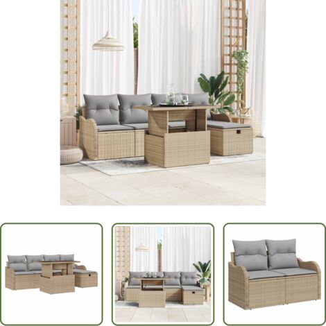 Cuscino da esterno -  Set Divano da Giardino con cuscino 6 pcs Beige Poly Rattan