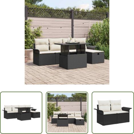 Cuscino da esterno -  Set Divano da Giardino con cuscino 6 pcs Nero Poly Rattan