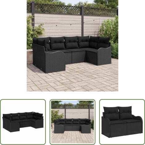 Cuscino da esterno -  Set Divano da Giardino con cuscino 6 pcs Nero Poly Rattan