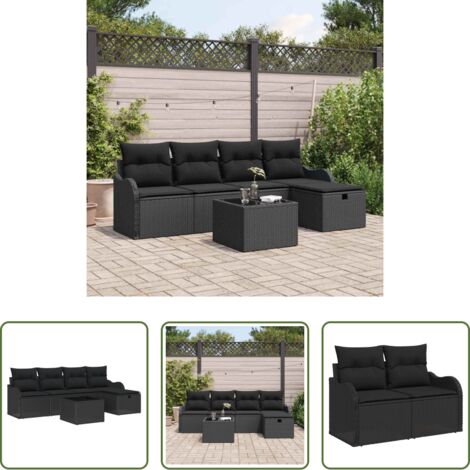 Cuscino da esterno -  Set Divano da Giardino con cuscino 6 pcs Nero Poly Rattan