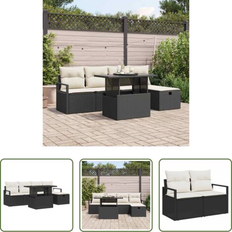 Cuscino da esterno -  Set Divano da Giardino con cuscino 6 pcs Nero Poly Rattan