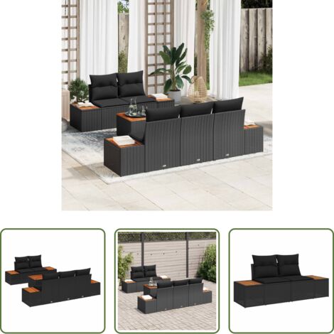 Cuscino da esterno -  Set Divano da Giardino con cuscino 6 pcs Nero Poly Rattan
