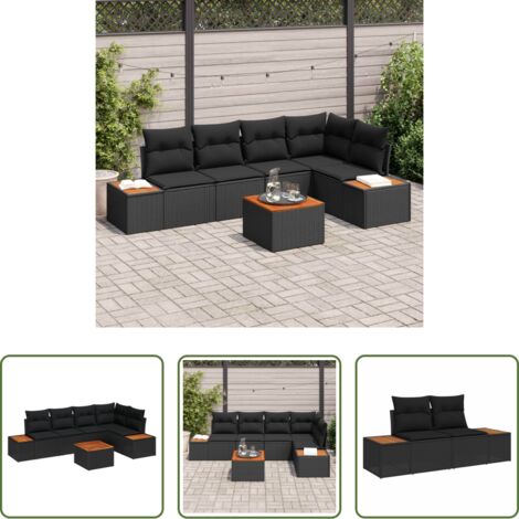 Cuscino da esterno -  Set Divano da Giardino con cuscino 6 pcs Nero Poly Rattan