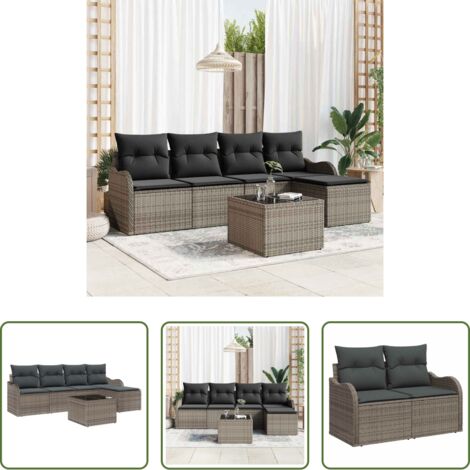 Cuscino da esterno -  Set Divano da Giardino con cuscino 6 pcs Nero Poly Rattan