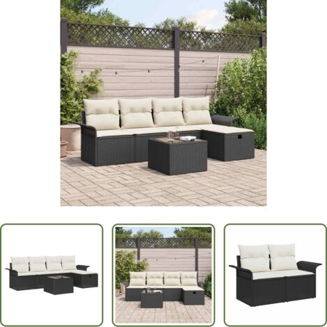 Cuscino da esterno -  Set Divano da Giardino con cuscino 6 pcs Nero Poly Rattan