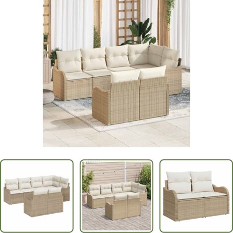 Cuscino da esterno -  Set Divano da Giardino con cuscino 7 pcs Beige Poly Rattan