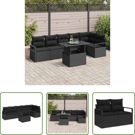 Cuscino da esterno -  Set Divano da Giardino con cuscino 7 pcs Nero Poly Rattan