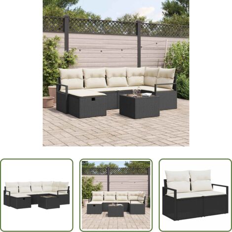 Cuscino da esterno -  Set Divano da Giardino con cuscino 7 pcs Nero Poly Rattan