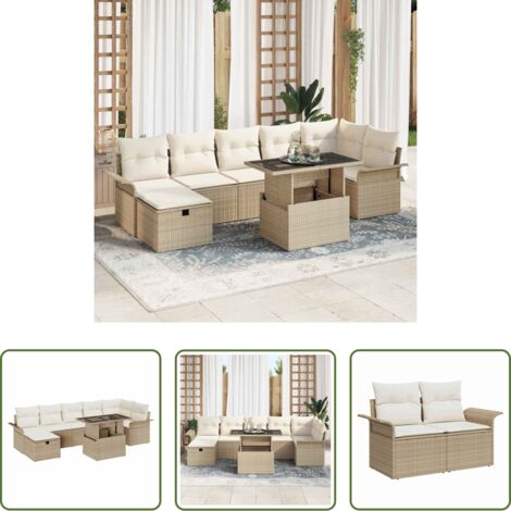 Cuscino da esterno -  Set Divano da Giardino con cuscino 8 pcs Beige Poly Rattan