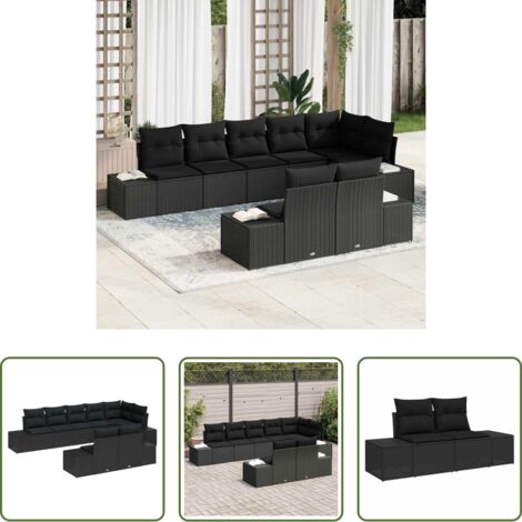 Cuscino da esterno -  Set Divano da Giardino con cuscino 8 pcs Nero Poly Rattan