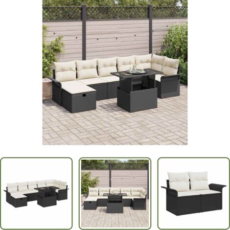 Cuscino da esterno -  Set Divano da Giardino con cuscino 8 pcs Nero Poly Rattan