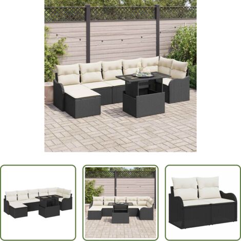 Cuscino da esterno -  Set Divano da Giardino con cuscino 8 pcs Nero Poly Rattan
