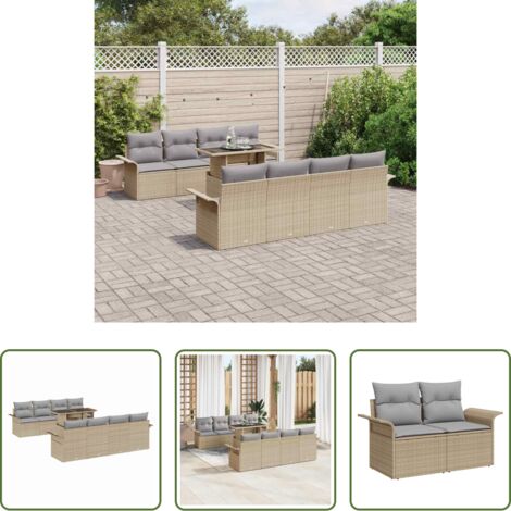 Cuscino da esterno -  Set Divano da Giardino con cuscino 9 pcs Beige Poly Rattan