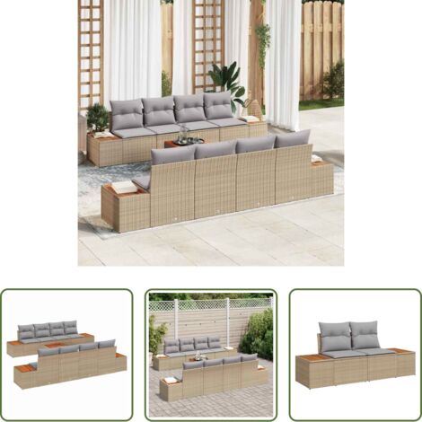 Cuscino da esterno -  Set Divano da Giardino con cuscino 9 pcs Beige Poly Rattan